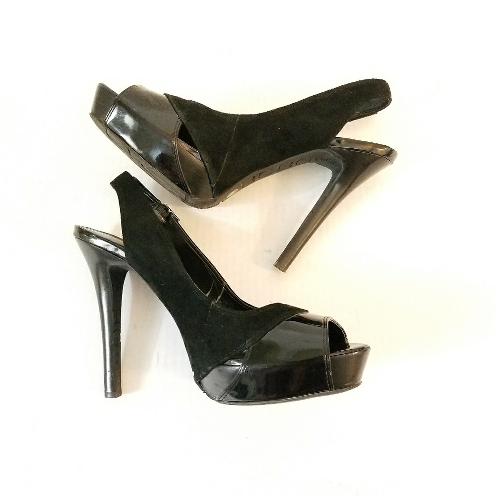 BCBG Black suede and patent leather peep toe slingbacks